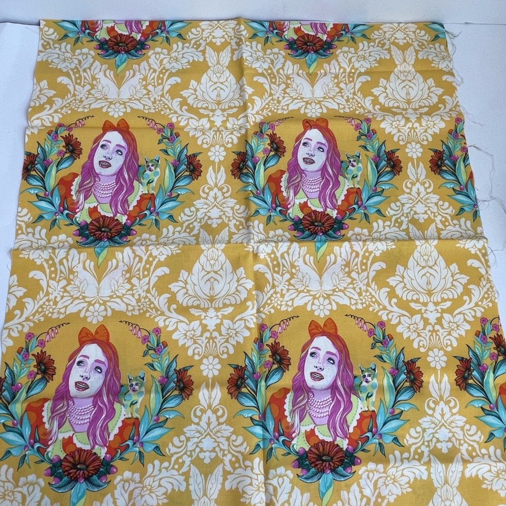 Alice in Wonderland Yellow Printed Novelty Whimsical Fabric Cut 44” x 19”